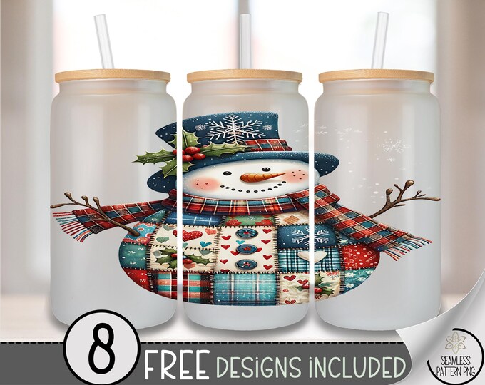 Snowman PNG Glass Can Wrap, Winter Design, 16Oz Christmas Sublimation Digital Download, B690