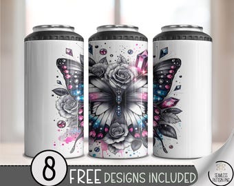4-in-1 Can Cooler Wrap PNG, Cosmic Butterfly and Jewels Wrap with Black Roses, Feminine Galaxy Sublimation Design PNG, A324