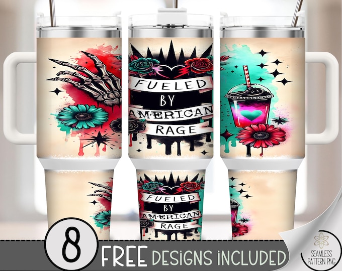 40 oz Fueled by American Rage Tumbler Wrap PNG, Gothic Coffee Skeleton Hand Patriotic Floral Wrap, Punk USA Sublimation Design, A316