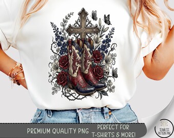 Western Cowboy Boots Cross T-Shirt PNG, Rustic Floral Sublimation Design, Digital Download, B10468