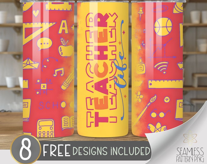 Teacher Life tumbler sublimation designs PNG, 20 oz skinny tumbler wrap, skinny tumbler 20 oz teacher life, teacher tumbler design file