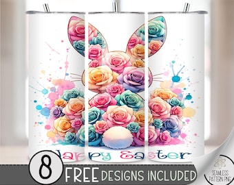 Floral Easter 20oz PNG Tumbler Wrap, Cute Bunny Design, Sublimation Download for 20oz Skinny Tumblers, Funny Bunnie Digital File, A129