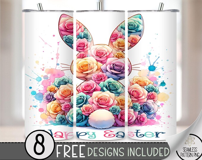 Floral Easter 20oz PNG Tumbler Wrap, Cute Bunny Design, Sublimation Download for 20oz Skinny Tumblers, Funny Bunnie Digital File, A129