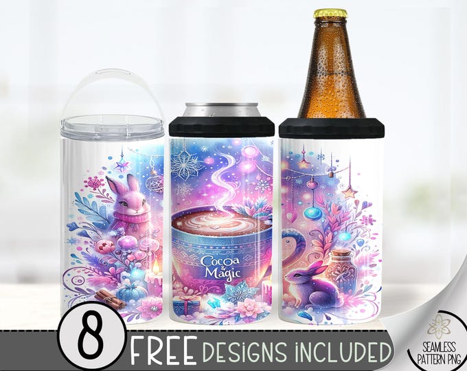 Cocoa 4 In 1 Can Cooler Tumbler Wrap, Snow Winter Sublimation Design, Magic 16 Oz Slim, Floral 16 Oz Can Cooler Sublimation Design