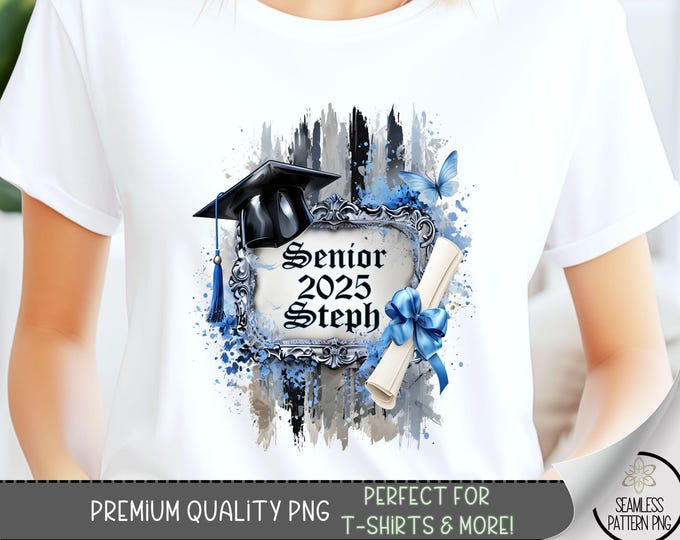 Senior T-Shirt PNG, Add Your Name Graduation Design, Personalize Digital File for Sublimation,Class of 2025 PNG,Unique Art, Cap Diploma, A88