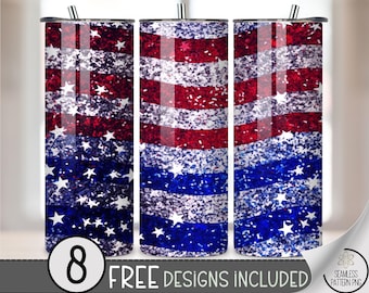 Patriotic Glitter Star Flag Tumbler Wrap PNG, Seamless 4th of July Red White Blue 20 oz Skinny Sublimation,USA Flag Tumbler Wrap Design A265