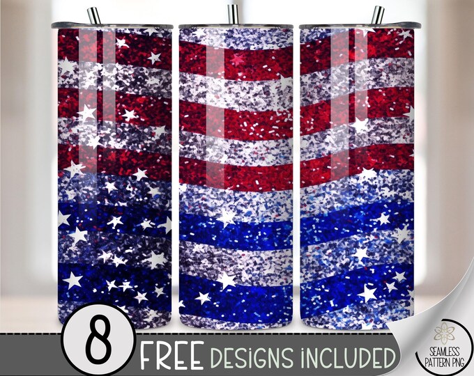 Patriotic Glitter Star Flag Tumbler Wrap PNG, Seamless 4th of July Red White Blue 20 oz Skinny Sublimation,USA Flag Tumbler Wrap Design A265