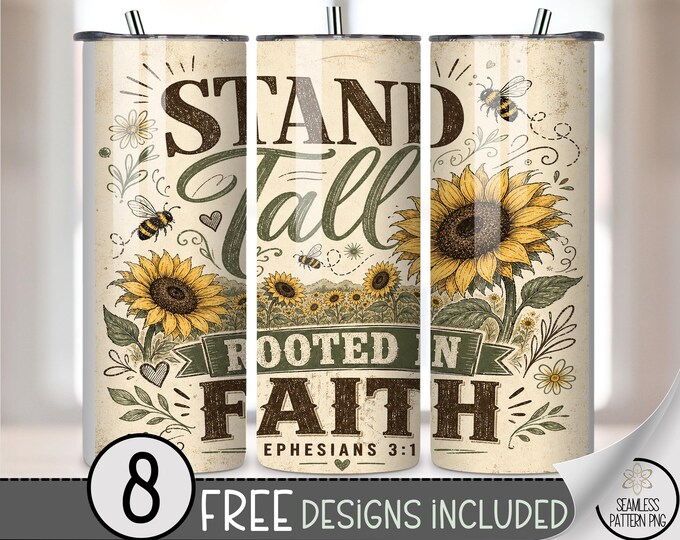 Faith Inspired 20 oz Tumbler Wrap, Sunflower Sublimation Design for Straight Tumblers, Vintage PNG Files, Digital Download, B10401