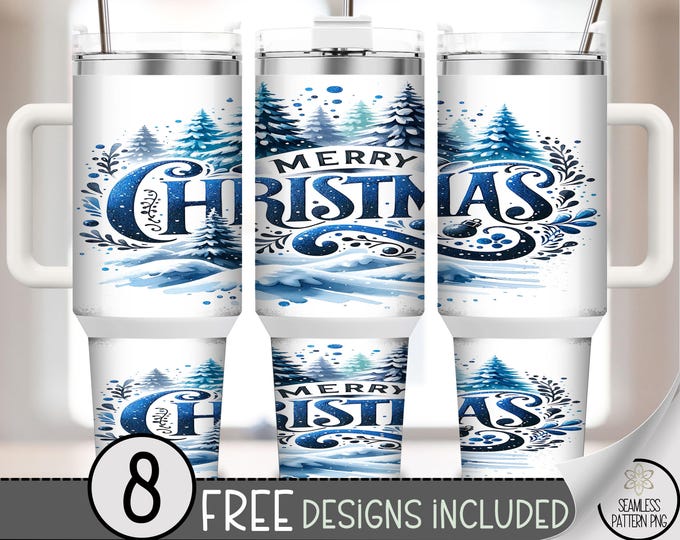 Blue Christmas Trees 40 oz tumbler wrap: Merry Christmas Sublimation Design, Cheerful PNG Files, Xmas Snowflakes Design A537