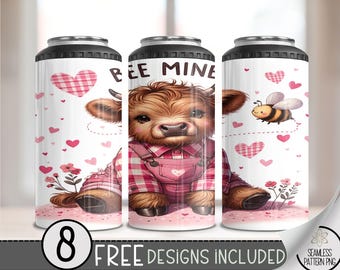Highland Cow Valentine Can Cooler Wrap, Sublimation PNG (Digital Download)
