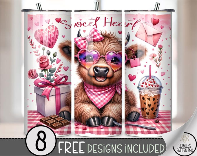 Sweetheart Cow 20 oz Tumbler Wrap PNG, Cute Highland Heifer Valentine, Rustic Pink Design for Women, Digital Download, Sublimation, B721