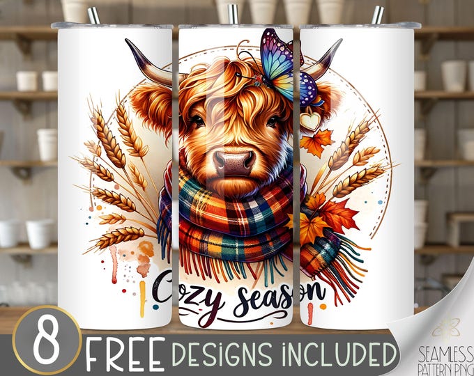 Highland Cow tumbler wrap, cute cow tumbler wrap, autumn 20 oz tumbler design, butterfly tumbler PNG, Girly fall tumbler file, cozy season