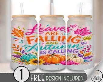 Autumn Leaves Glass Can Wrap, Fall Pumpkin 16oz Tumbler Sublimation Design, Colorful Harvest PNG File, Digital Download, B10475