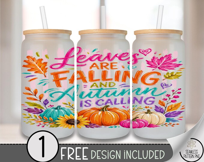 Autumn Leaves Glass Can Wrap, Fall Pumpkin 16oz Tumbler Sublimation Design, Colorful Harvest PNG File, Digital Download, B10475