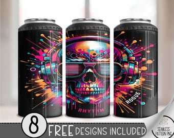 Skeleton Can Cooler Wrap, Splatter Paint Skull 16 oz 4-in-1 Cooler Sublimation,Skull Wearing Headphones 4 in 1 Can Cooler Design,Music 16 oz