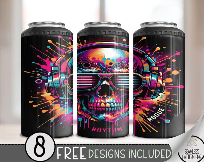 Skeleton Can Cooler Wrap, Splatter Paint Skull 16 oz 4-in-1 Cooler Sublimation,Skull Wearing Headphones 4 in 1 Can Cooler Design,Music 16 oz