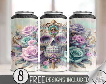 Rococo Skull Rose 4 in 1 Can Cooler Wrap,Grand Millennial Girly Sugar Skull 4in1 Tumbler PNG,Fancy Floral PNG 16oz Sublimation Design, A138