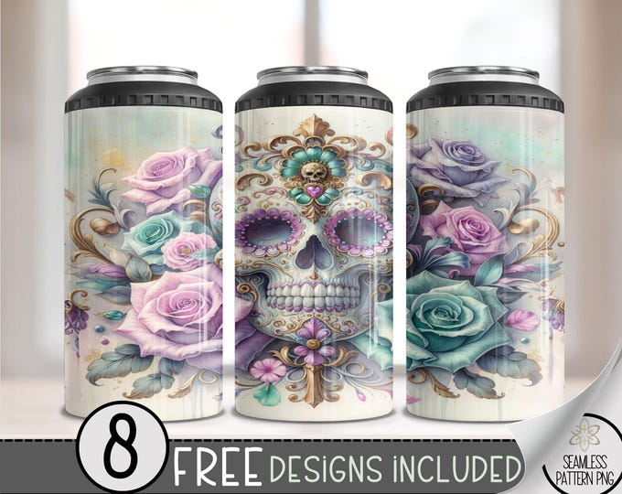 Rococo Skull Rose 4 in 1 Can Cooler Wrap,Grand Millennial Girly Sugar Skull 4in1 Tumbler PNG,Fancy Floral PNG 16oz Sublimation Design, A138