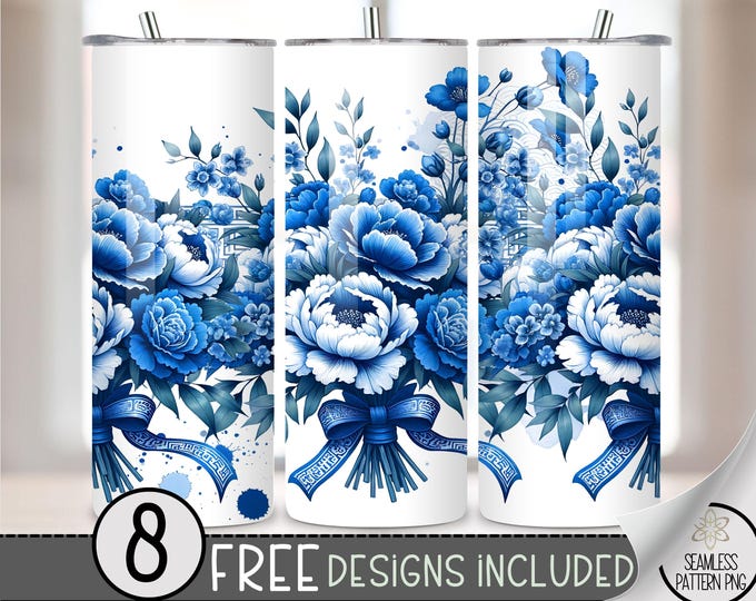 Country Cottage Toile 20oz Skinny Tumbler Sublimation Design, Preppy Chinoiserie Tumbler Wrap File PNG, Shabby Chic Floral PNG, A152