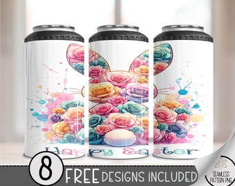 Bunny 4 in 1 Can Cooler Wrap, Floral Easter 4in1 Tumbler PNG, Happy Easter 16 Oz Can Cooler Sublimation Design,Rose Hard Can Design, A129