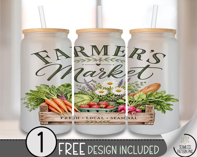 Farmer's Market Glass Can Wrap, 16 oz Farmhouse Sublimation Design, Vegetable PNG File, Digital Download, B10410
