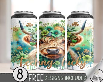 St Patrick Highland Cow 4 in 1 Can Cooler Wrap, Irish Sublimation Design, Shamrock 16 Oz 4in1 Tumbler PNG, Patty's Day 16 Oz Can Cooler, A61