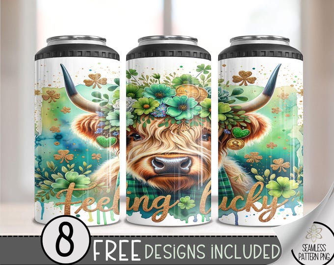 St Patrick Highland Cow 4 in 1 Can Cooler Wrap, Irish Sublimation Design, Shamrock 16 Oz 4in1 Tumbler PNG, Patty's Day 16 Oz Can Cooler, A61