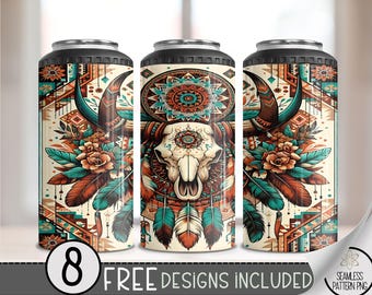 Boho Cow Skull 4 in 1 Can Cooler Wrap, Western Dreamcatcher 4in1 Tumbler PNG, Southwestern Bull Skeleton 16 Oz Can Cooler Sublimation, A67