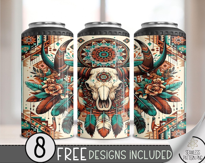 Boho Cow Skull 4 in 1 Can Cooler Wrap, Western Dreamcatcher 4in1 Tumbler PNG, Southwestern Bull Skeleton 16 Oz Can Cooler Sublimation, A67