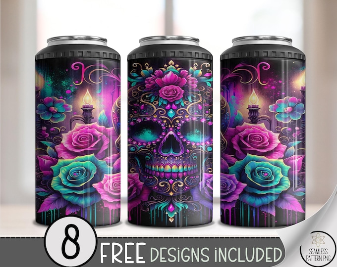 Sugar Skull 4 in 1 Can Cooler Wrap PNG, Neon Floral Sublimation Design, 4in1 Day of the Dead Skull Wrap for Slim Can or Bottle Coolers A269