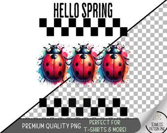 Cute Hello Spring T-Shirt Design, Lady Bug PNG, Cute Checkered Girly PNG, Cute Ladybug Sublimation Designs, Checkered Country Cottage, A169