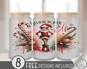Festive Glass Can Wrap, Whimsical 16oz Glass Tumbler Sublimation Design, Digital Download, Believe Elf Christmas PNG File A532