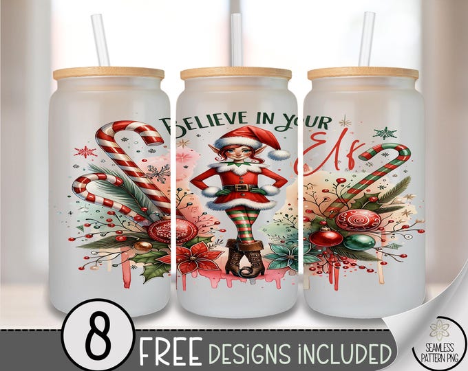 Festive Glass Can Wrap, Whimsical 16oz Glass Tumbler Sublimation Design, Digital Download, Believe Elf Christmas PNG File A532