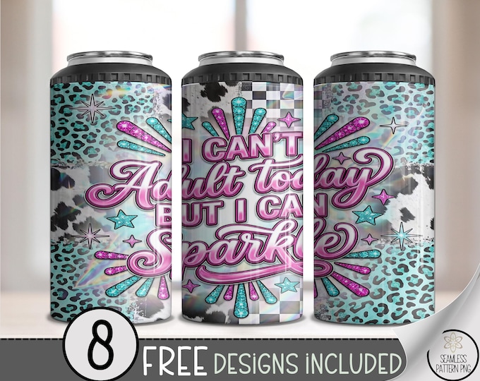 Sparkle 4in1 Can Cooler Wrap, Fun Checkered Design, Glam Teal Leopard 16 oz 4-in-1 File, Funky Graphic Sublimation Art, B10088