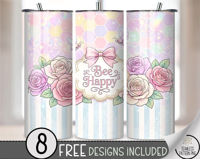 Bee Happy 20 oz Tumbler Wrap, Cheerful Sublimation Design for Straight Tumblers, Pastel PNG Files, Cute Tumbler Wrap Pattern, B10139