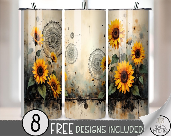 Rustic Sunflower 20 oz Tumbler Wrap PNG, Sublimation Design, Digital Download, Vintage Floral for Woman, B640