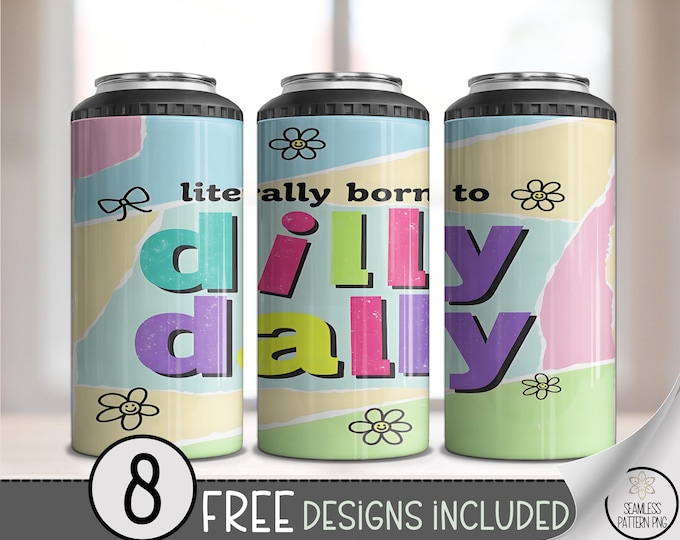Born To Dilly Dally 4in1 Can Cooler Wrap, Seamless Y2K Sublimation Design - Cute Groovy Pastel Can Art, A494