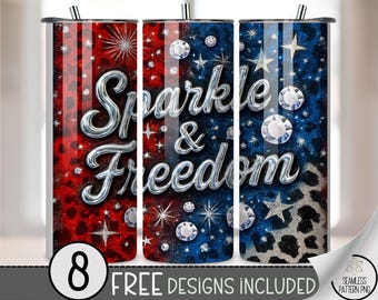 Sparkle & Freedom 20 oz Tumbler Wrap, Glamorous Sublimation Design for Straight Tumblers, Patriotic PNG File with Bold Metal Text, B10144
