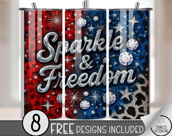 Sparkle & Freedom 20 oz Tumbler Wrap, Glamorous Sublimation Design for Straight Tumblers, Patriotic PNG File with Bold Metal Text, B10144