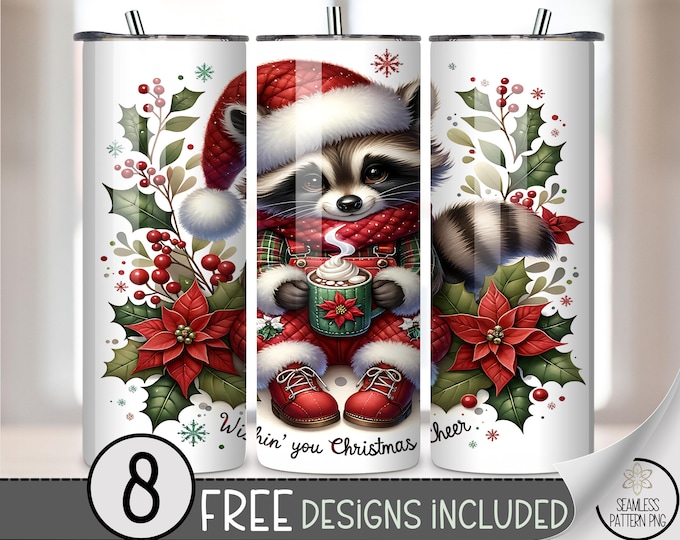 Festive 20 oz tumbler wrap: Cute Raccoon Christmas Digital Download Sublimation Design for Skinny Tumblers, Cozy Holiday PNG Files A511