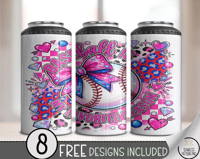 Baseball 4in1 Can Cooler Wrap, Pink Coquette Bow Sublimation Design, Baseballer 16 oz 4-in-1 File, Cute Girly Png, B10059