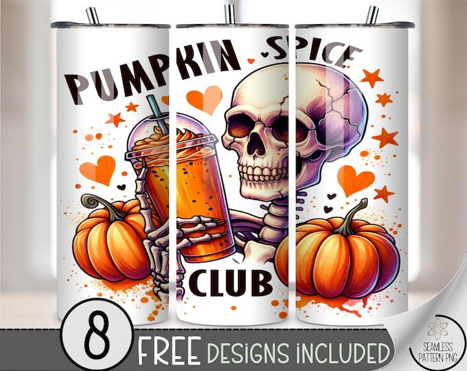 20oz Pumpkin Spice Club Tumbler Wrap, 20 oz Skeleton Coffee PNG, Fall Pumpkin Halloween Tumbler Sublimation, Funny Autumn Design, A358