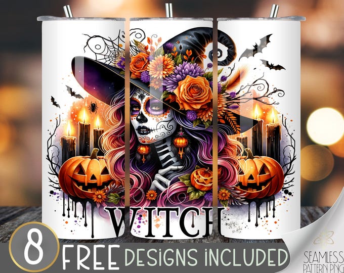 Halloween Witch Tumbler Wrap Png, Day Of The Dead Witch 20Oz Skinny Tumbler, Halloween 20 Oz Sublimation, Spooky Season Tumbler Digital PNG