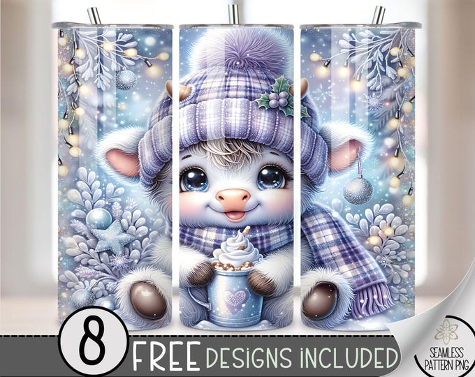 Seamless Christmas Highland Cow Tumbler Wrap, 20oz Skinny Tumbler Design PNG Highland Cow Sublimation Design for Christmas, Winter Cocoa PNG