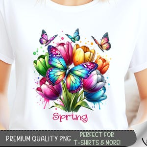 May include: A colorful digital illustration of a bouquet of tulips with butterflies. The tulips are pink, yellow, green, and blue. The butterflies are blue, purple, and pink. The text "Spring" is written below the bouquet.