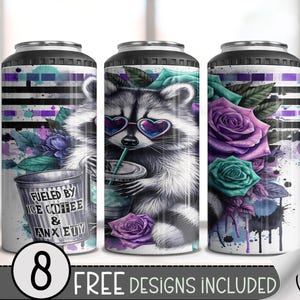 May include: Three white insulated drink tumblers with black lids. The designs feature a raccoon wearing heart-shaped sunglasses, purple roses, and the text "Fueled by Ice Coffee & Anxiety". The tumblers have a black and white striped pattern.
