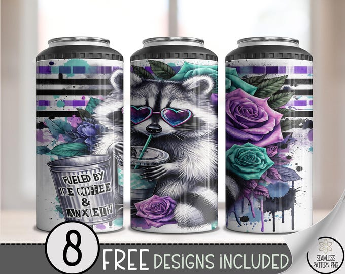 Vibrant Racoon Printable Wrap, Moody Floral Can Coolers, Funky Animal 16oz Wrap, Ice Coffee & Anxiety, Purple Rose Grunge 4in1 Design, A450