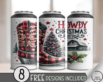 Howdy Christmas 4in1 Can Cooler Wrap, Plaid Holiday Sublimation Design, Country Cowboy Boot 16 oz 4-in-1 Design File, A683