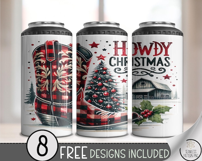 Howdy Christmas 4in1 Can Cooler Wrap, Plaid Holiday Sublimation Design, Country Cowboy Boot 16 oz 4-in-1 Design File, A683