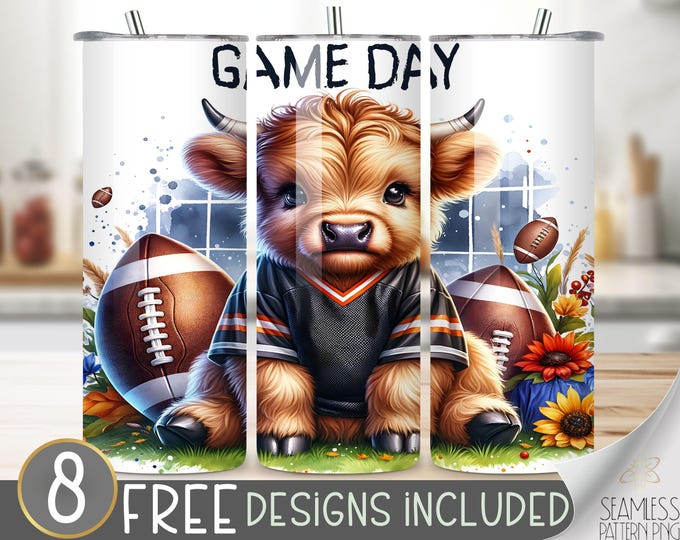 Football highland cow tumbler wrap, game day 20 oz skinny tumbler sublimation, football tumbler design, cute football cow tumbler file